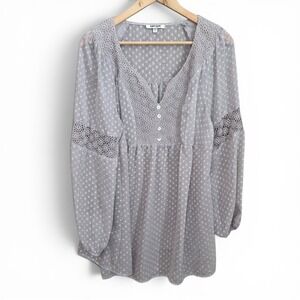 Daniel Rainn Top Womens Plus 1X Gray Swiss Dot Sheer Peasant Blouse Casual